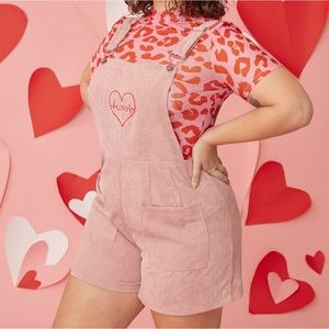 NWOT 1XL Pink LOVE Embroidered Corduroy Shortalls Overalls / Jumper 1X / 14 💗